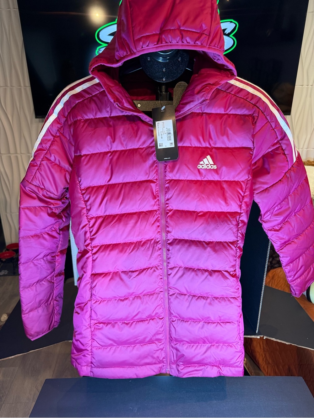 adidas women’s Magenta Hooded Puffer Jacket with White Stripes size M